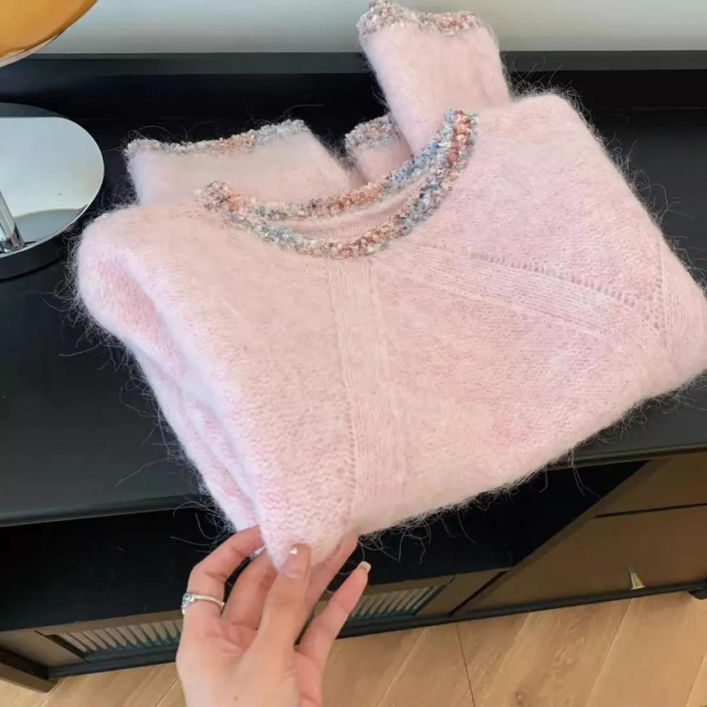 Růžový svetr s kulatým výstřihem pro ženy Jaro Podzim Design se vsazováním Pocit lenosti Volný styl Dlouhý rukáv Měkký pletený pulovr