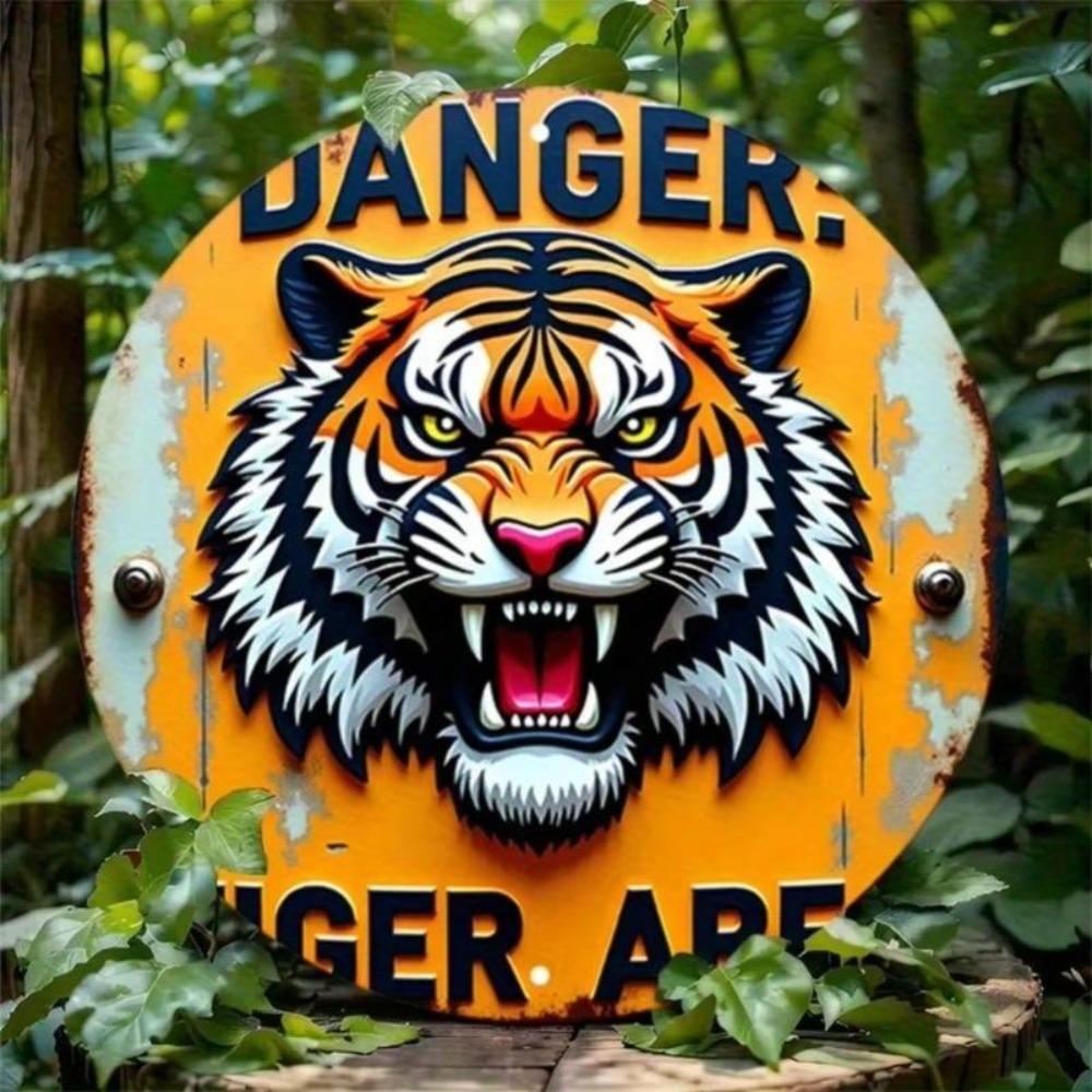 Vintage Tiger Metallschild Flach 2D Aluminium Wandkunst Brüllende Tierwelt Gefahrenwarnung Dekoration