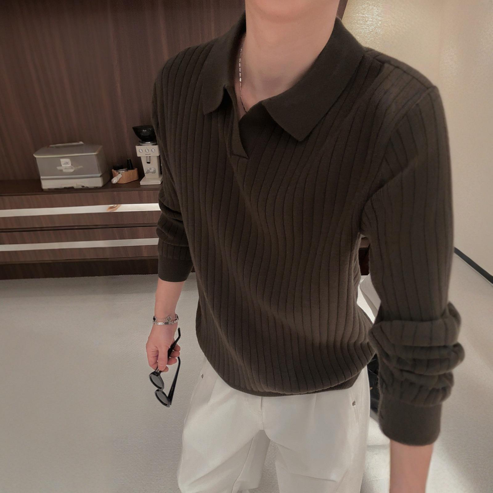 

Men s Retro Striped Long Sleeve Polo Sweater with Rib Knit Lapel M зелений