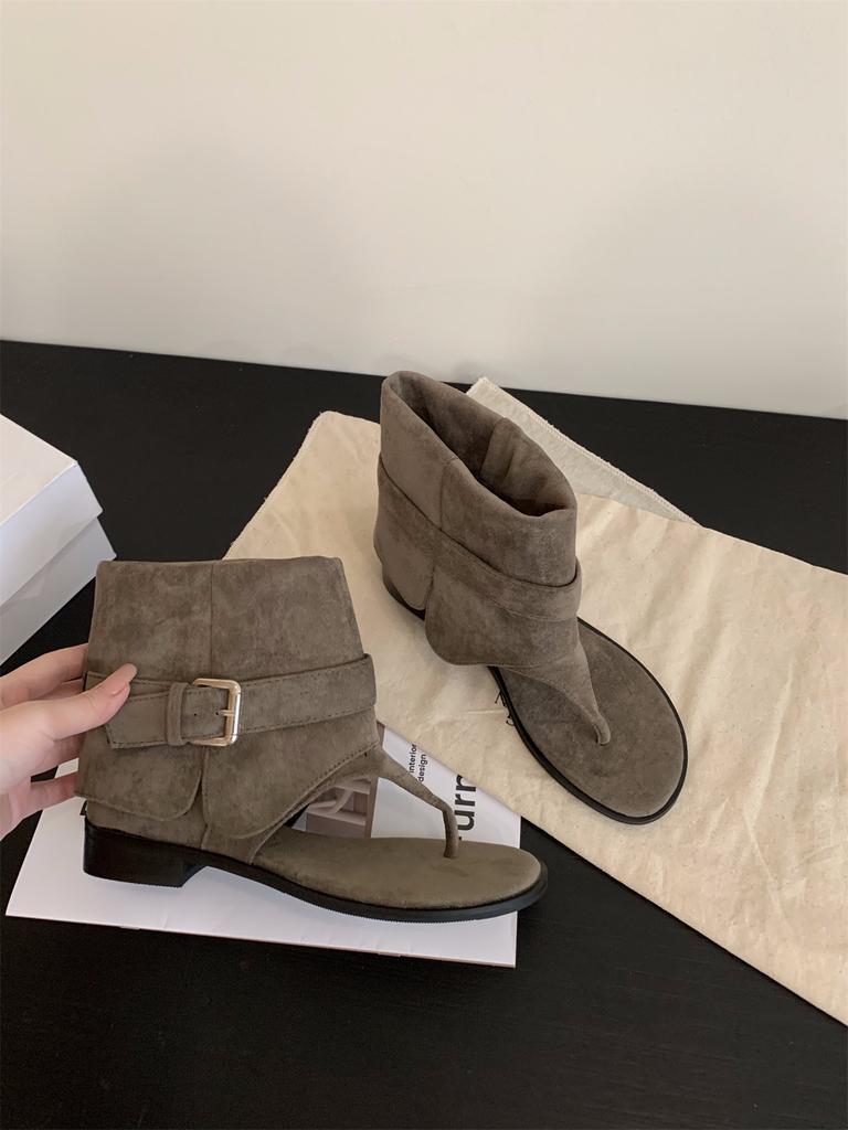 Salto grosso bico cáqui botas frescas botas curtas botas femininas 2025 novo verão com saia botas western sandálias de verão