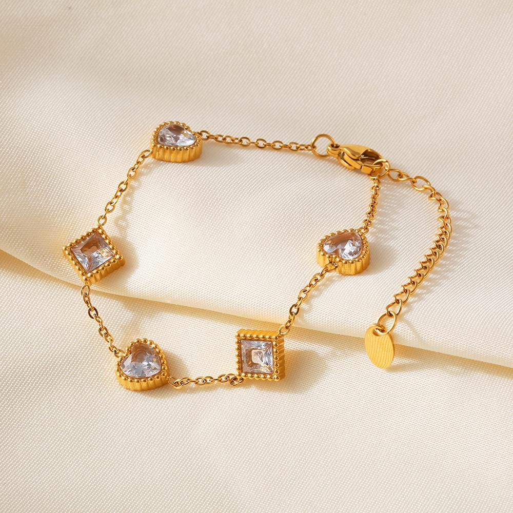 316L Stainless Steel Bracelet With Square And Heart Shape Zircon For Women No Tarnish Gold Silver Color Charm Women's Braccelets