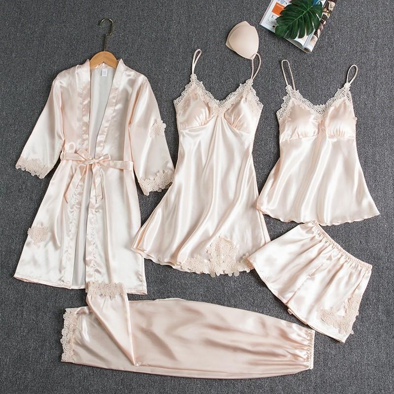 

Spring and Autumn Long Sleeve Thin Large Size Five-Piece Set Bathrobes Pajamas Women s Summer Ice Silk Sexy Hot Loungewear S шампанского