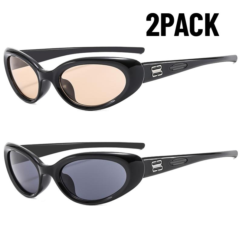 2PACK Fashion Candy Colour Retro Cat Eye Oval Sunglasses Black Small Frame Y2K UV Protective Sunglasses Outdoor Party Glasses