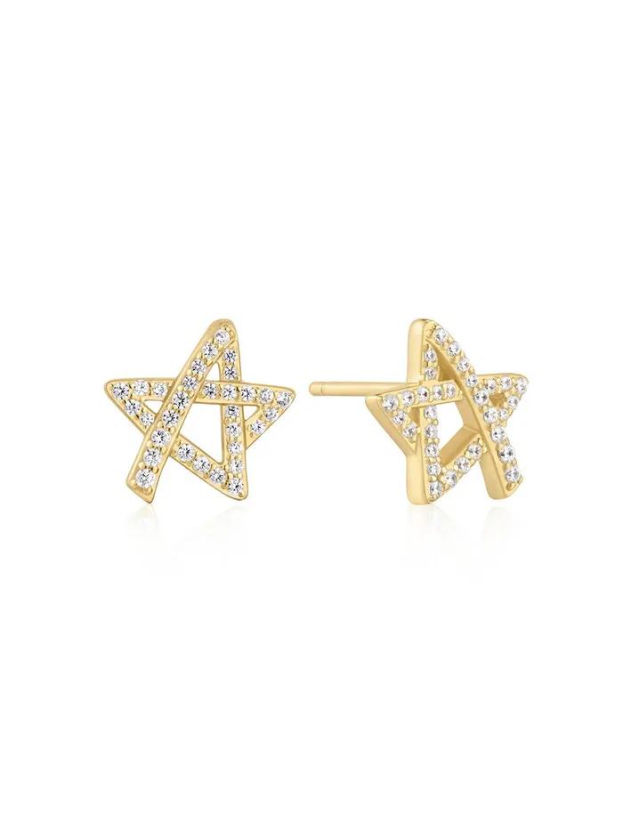 Gold Pentagonal Star 925 Silver Stud Earrings E074-03G.