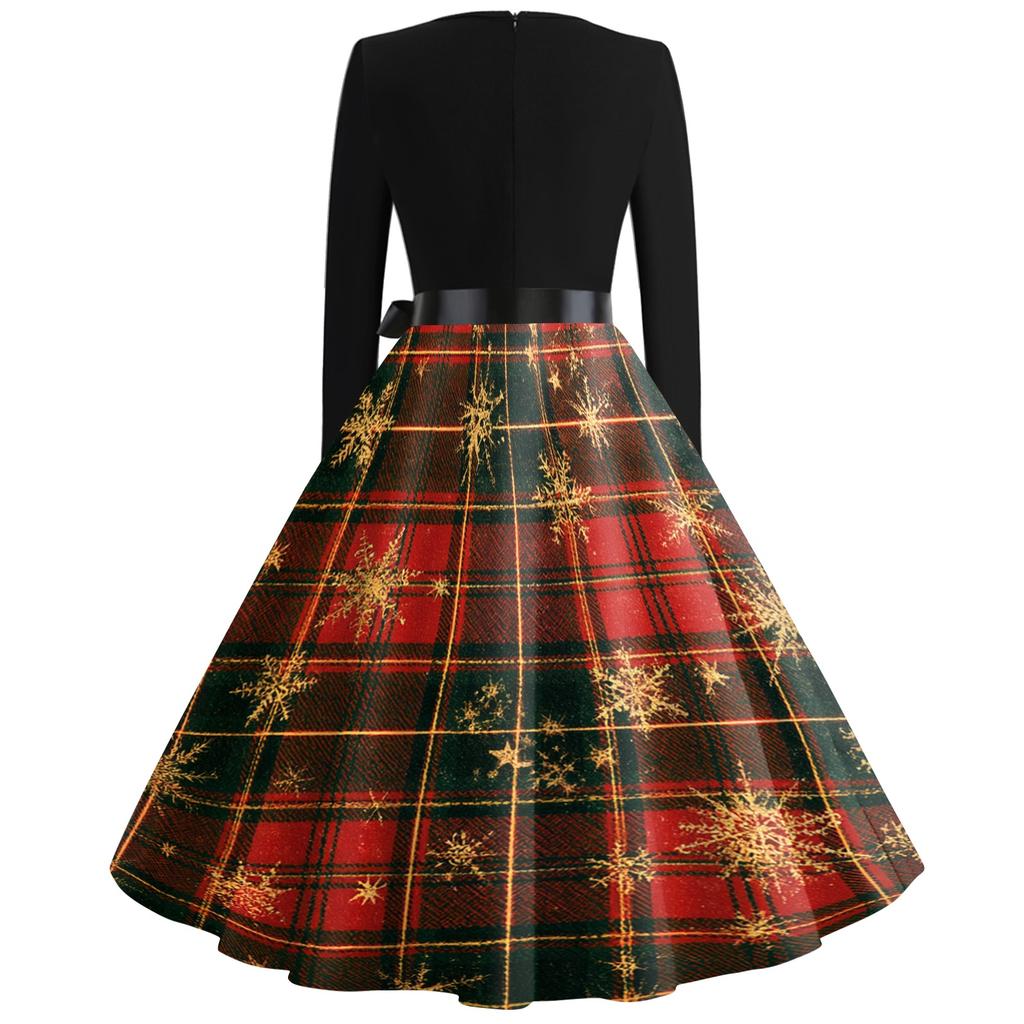 Women's Retro V-Neck Christmas Print Dress with Snowflake and Christmas Tree Pattern