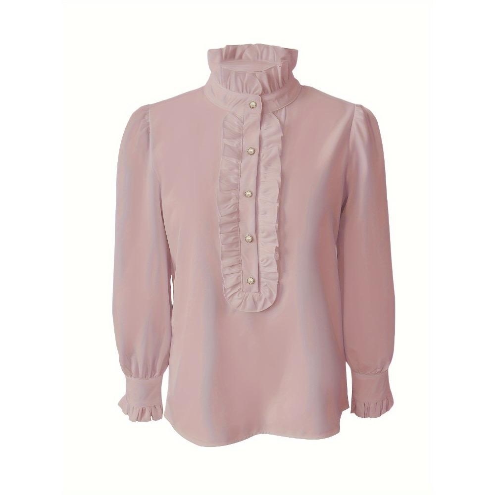 Dames Ruffle Hoge Hals Lange Mouwen Blouse Elegante Effen Kleur Shirt Parelmoer Knopen Werk Kleding Tops
