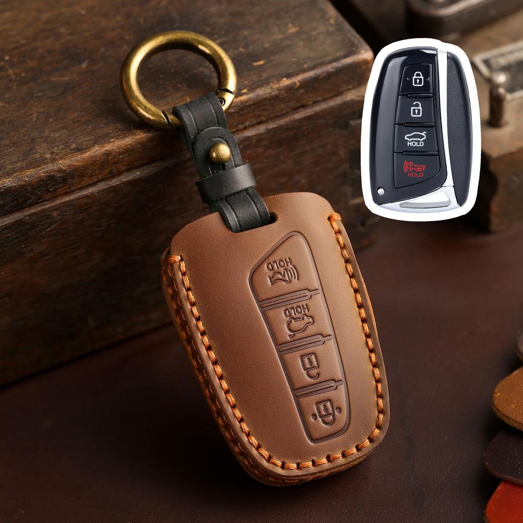 Genuine Leather Auto Key Fob Cover Case Fit For Hyundai Santa Fe Sport Equus Centennial Genesis G80 Grandeur Azera 2013 2014 Ix45