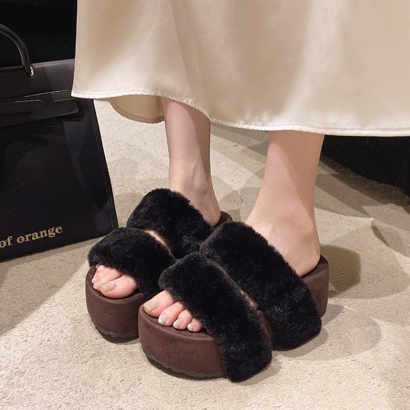 Women's Fashion Slippers Round Toe Platform Sole High Heels One-line Cotton Slippers Outdoor Fashion All-match Fleece Slippers
