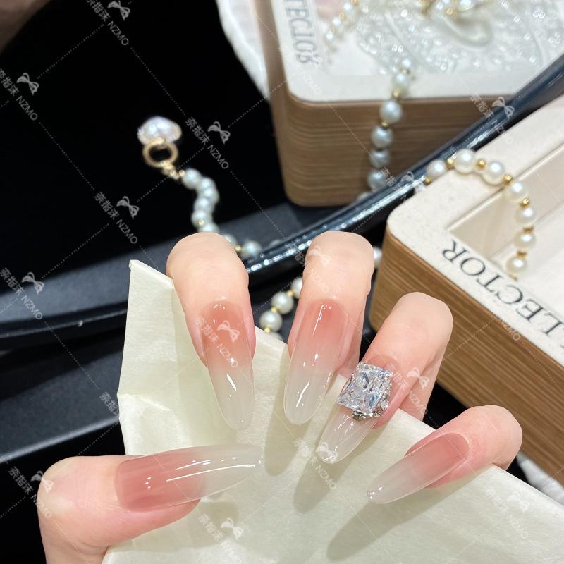 Elegant Rhinestone Milky White Gradient Ice Long Wearable Nails XS【Very Small Nails】