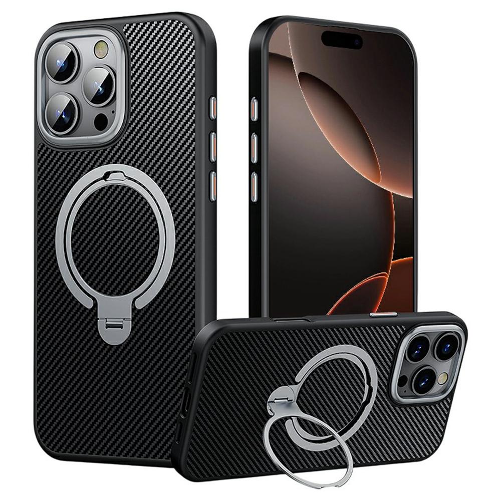 For iPhone 16 Pro Max Case Compatible with MagSafe Kickstand Carbon Fiber Texture PC + TPU Back Cover