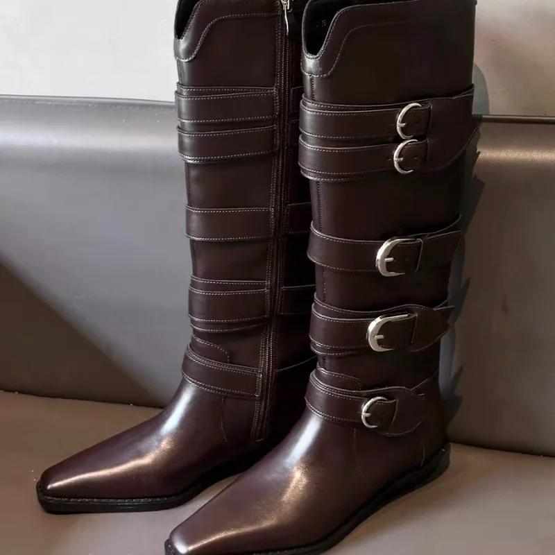 Fashion Shoes for Women 2024 High Quality Slip-on Women's Boots Fashion Belt Buckle Knight Boots Sexy Pointed Toe Solid Knee-High Boots