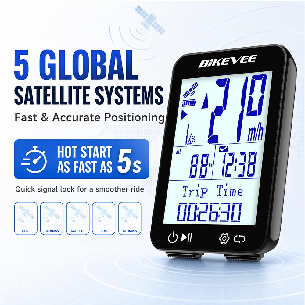 BIKEVEE Newest 12 Languages Bluetooth Wireless Bicycle Computer 2.4-inch LCD Screen Multilanguage MPH KM/H Rechargeable GPS Bike Speedometer Odometer