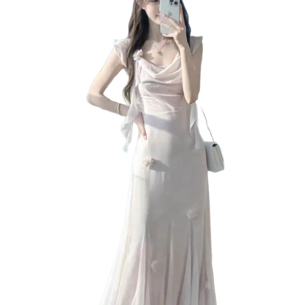 Gentle Temperament Super Fairy Swing Collar Suspender Dress Summer New Elegant and Beautiful Waist Medium and Long Dress Women