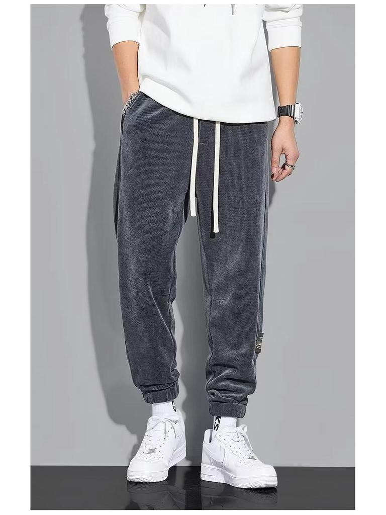 Men's Thickened Fleece-Lined Casual Pants, Drawstring Ankles, Loose Fit, Trendy Autumn/Winter 2023 Style.