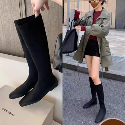 Mère raisin automne et hiver nouveau mode jambes comiques~ tempérament tête carrée bottes plates chaussettes bottes jambes sac tube moyen bottes fines femmes