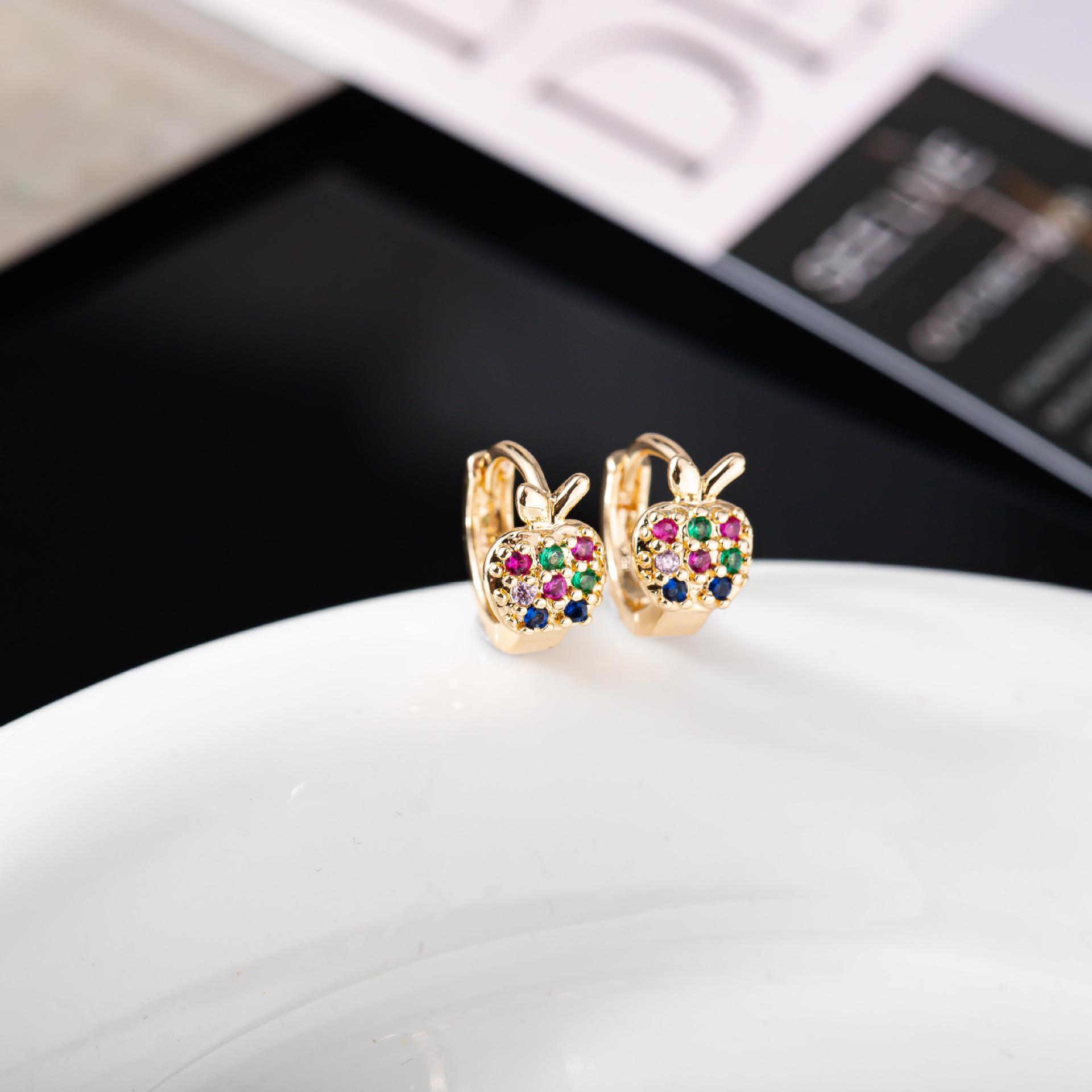 Cross-Border Colored Diamond Apple Stud Earrings - New Inlaid Fruit Design
