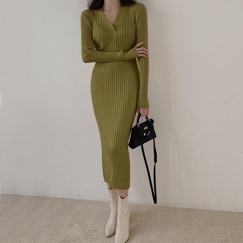 Pre-fall MIDI Skirt Temperament V-neck Light Ripe Wind Apricot Slim Base Skirt Knitted Elastic Slimming Buttock Wrap Dress