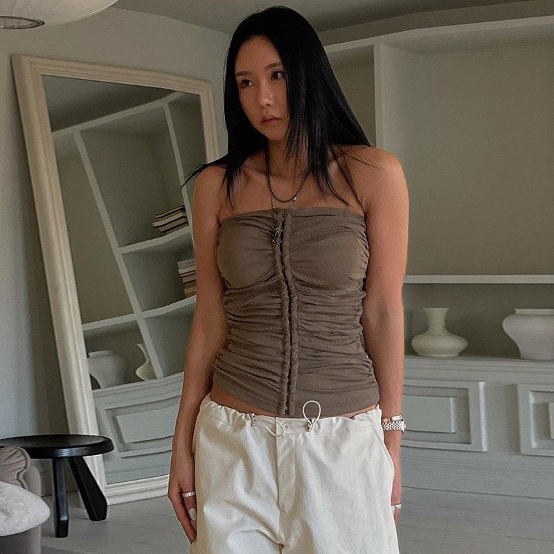 2024 Summer Fashion Export Graceful Vest Women's off-Shoulder Ruched Breasted Sexy Sexy Slim Fit Tube Top Tops