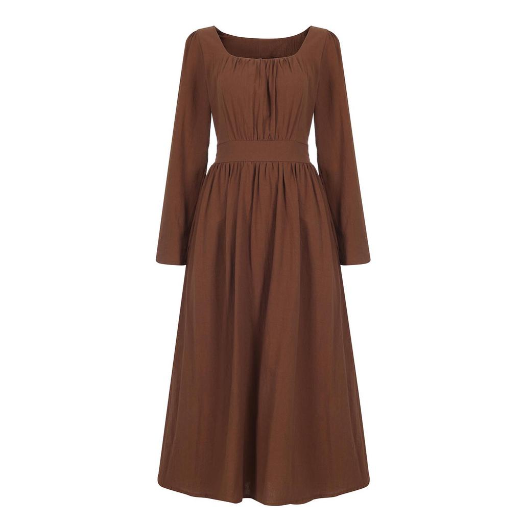 Women's Fashion Elegant Literature Retro Red Coffee Square Collar Dress