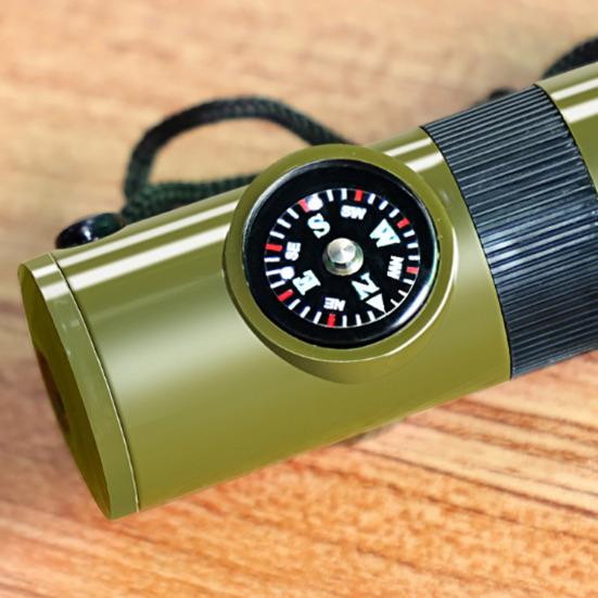 7-In-1 Multifunctional Whistle with Compass Thermometer Magnifier Reflector Mirror LED Light Outdoor Hiking Hunting Camping Emergency Survival Tool
