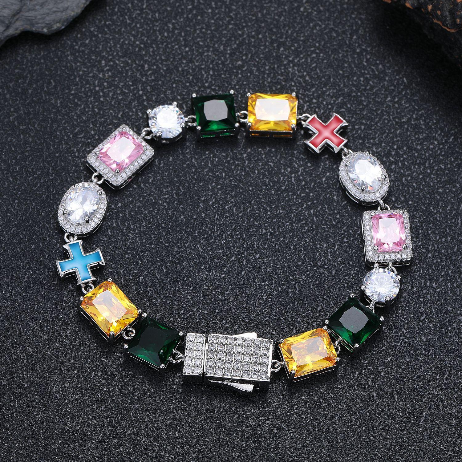

European and American 11mm colored gemstone bracelet, cross necklace, versatile new zircon jewelry Bracelet 7inch (length about 18cm)