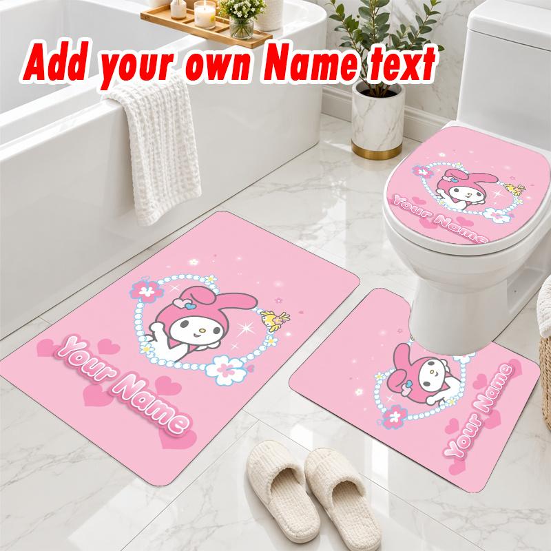 Personalized My Melody 3Pcs Flannel Toilet Mat Set Custom Text Bathroom Rug Non Slip