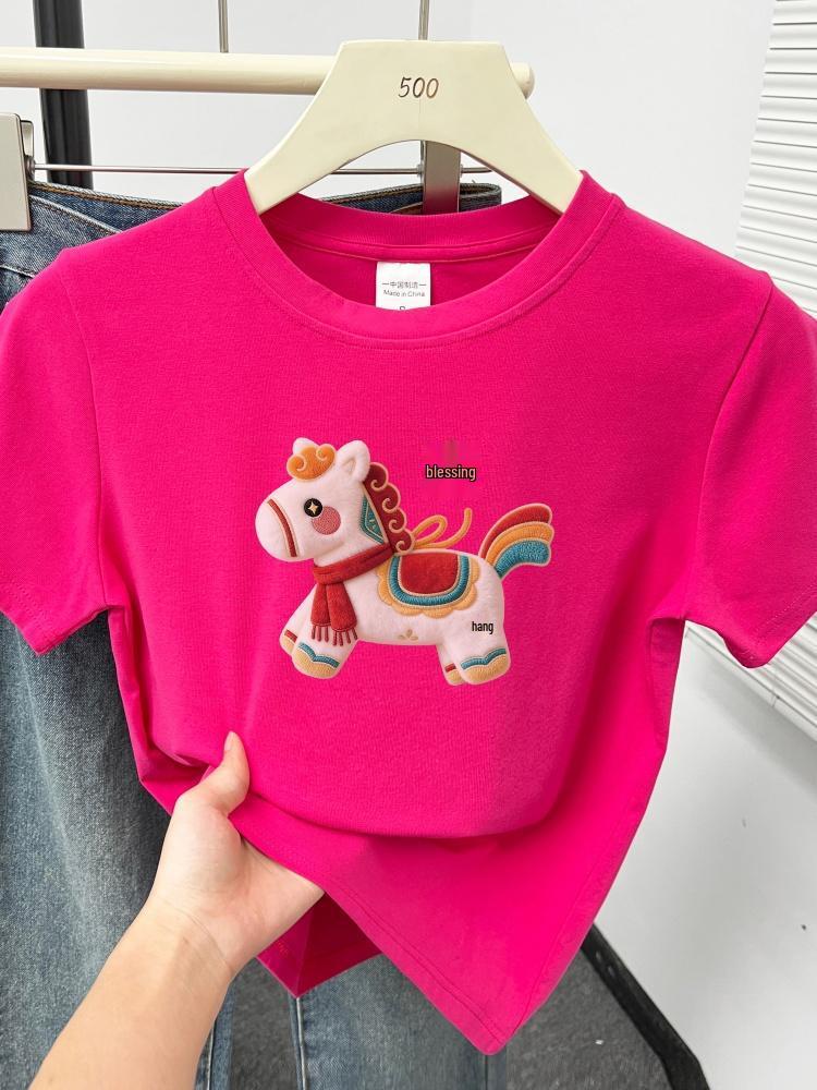 2026 Women's Plus Size T-shirt: Little Horse Print, Round Neck, Short Sleeve, Stylish, Tummy-Covering Design