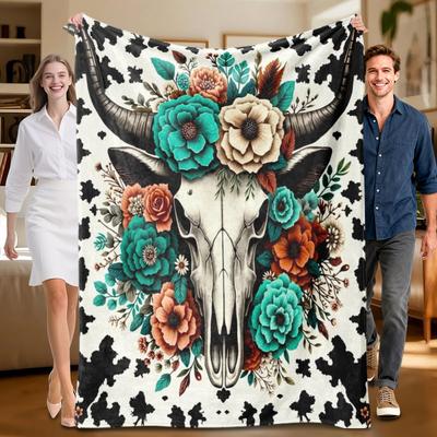 1 Stück blumige Kuhschädel Flanelldecke, schwarz-weiß mit bunten Blumen, weich, geeignet für Sofa, Bett, Büro, ganzjährig