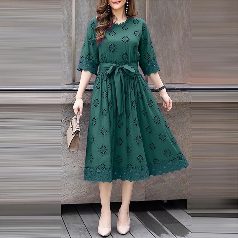 ZANZEA Women Casual Round Neck 3/4 Sleeve Loose Patchwork Lace Dress