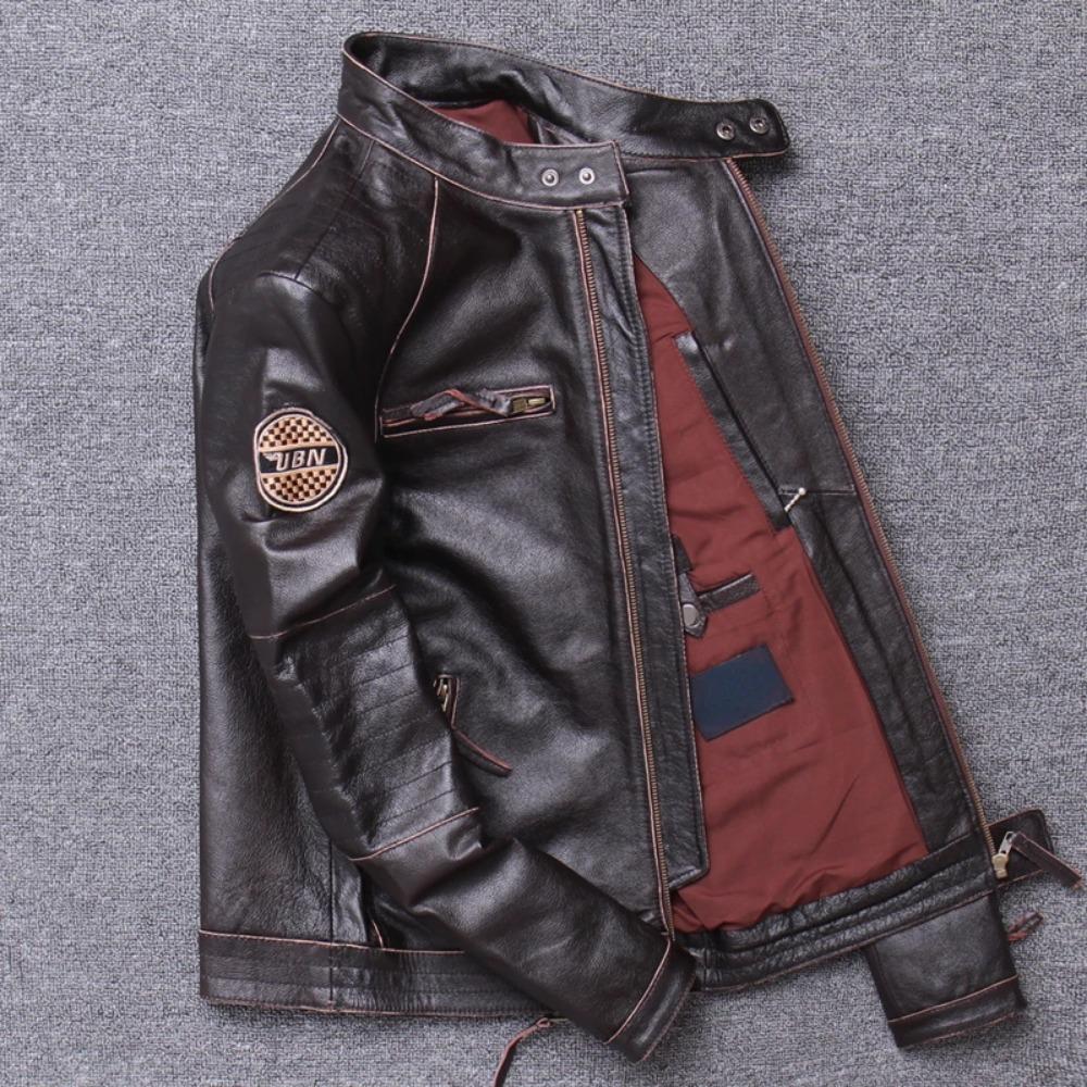 Fashion Biker Jackets Vintage Men's Genuine Leather Jacket Slim 100% Natural Cowhide Coat Real Leather Motorcycle Biker Clothing