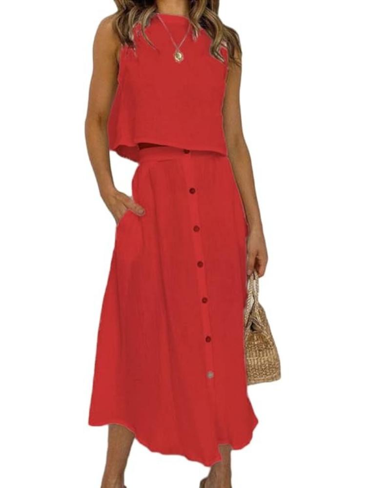 Women Sleeveless Tank Top High Waist Button Front Midi Skirt Two Piece Set Casual Summer Outfit