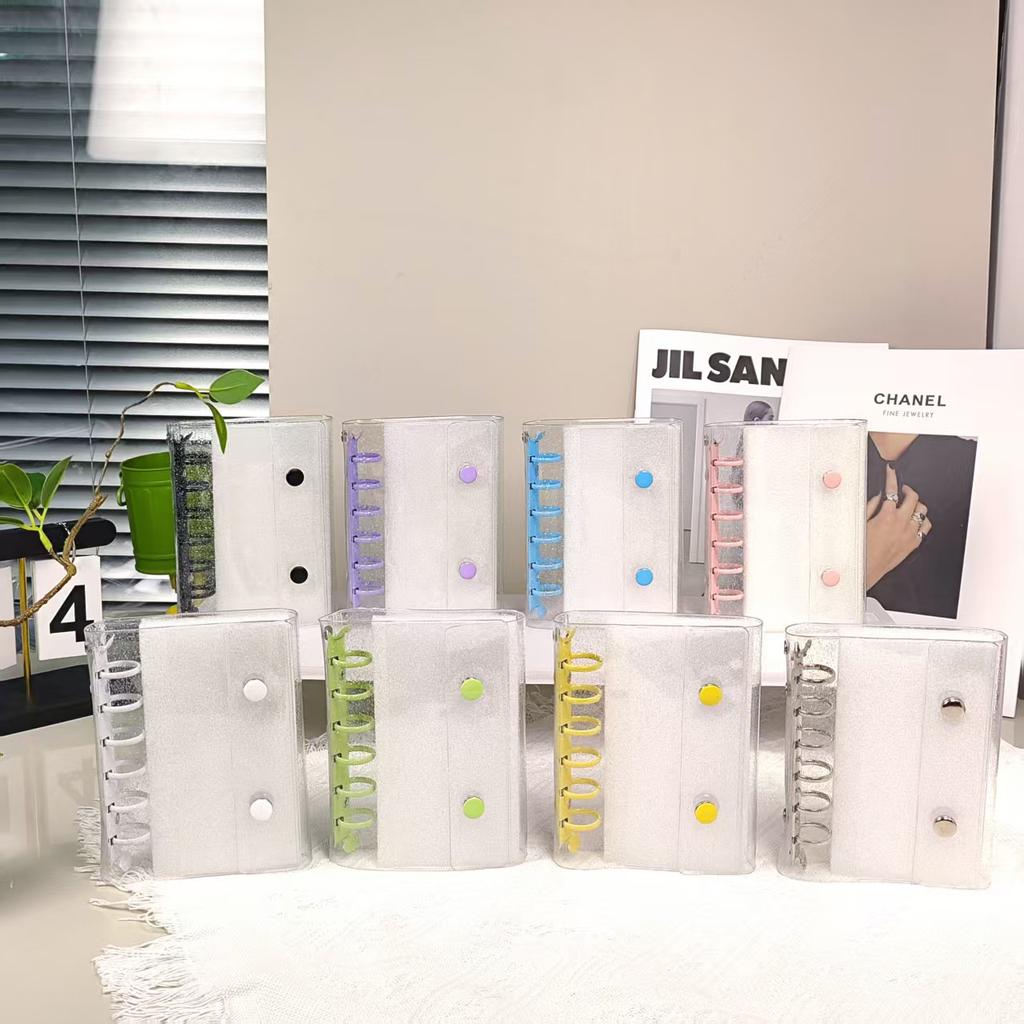 A7 Glitter Double Button Transparent PVC Soft Shell Color 6-hole Metal Clip, Hand Ledger, Photo Album, Loose Leaf Shell, Including 10 Inner Pages