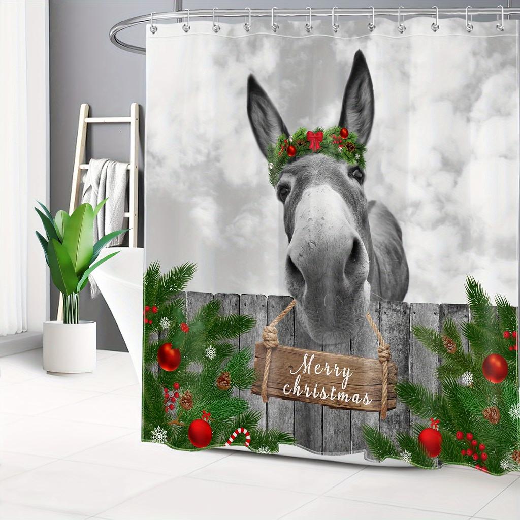 1Pc Festive Farmhouse Holiday Bath Drape With Humorous Donkey Design, Durable Polyester Woven Washable Bath Accessory, Includes