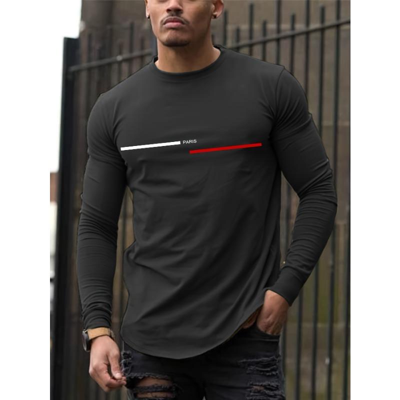 Men's  summer loose comfortable casual  PARIS print large round neck  long sleeve T-shirt top