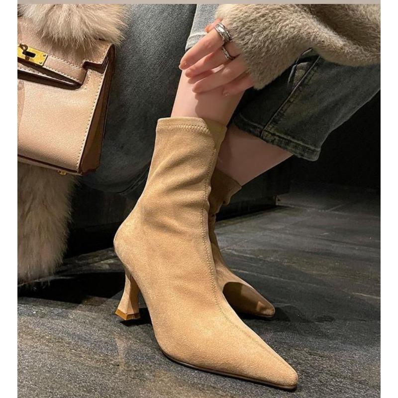 Fashion French Elegant High Heel Fashion Ankle Boots Retro Velvet Elastic Slim Pointed Toe Autumn Women Thin Model Stiletto Botas Shoes