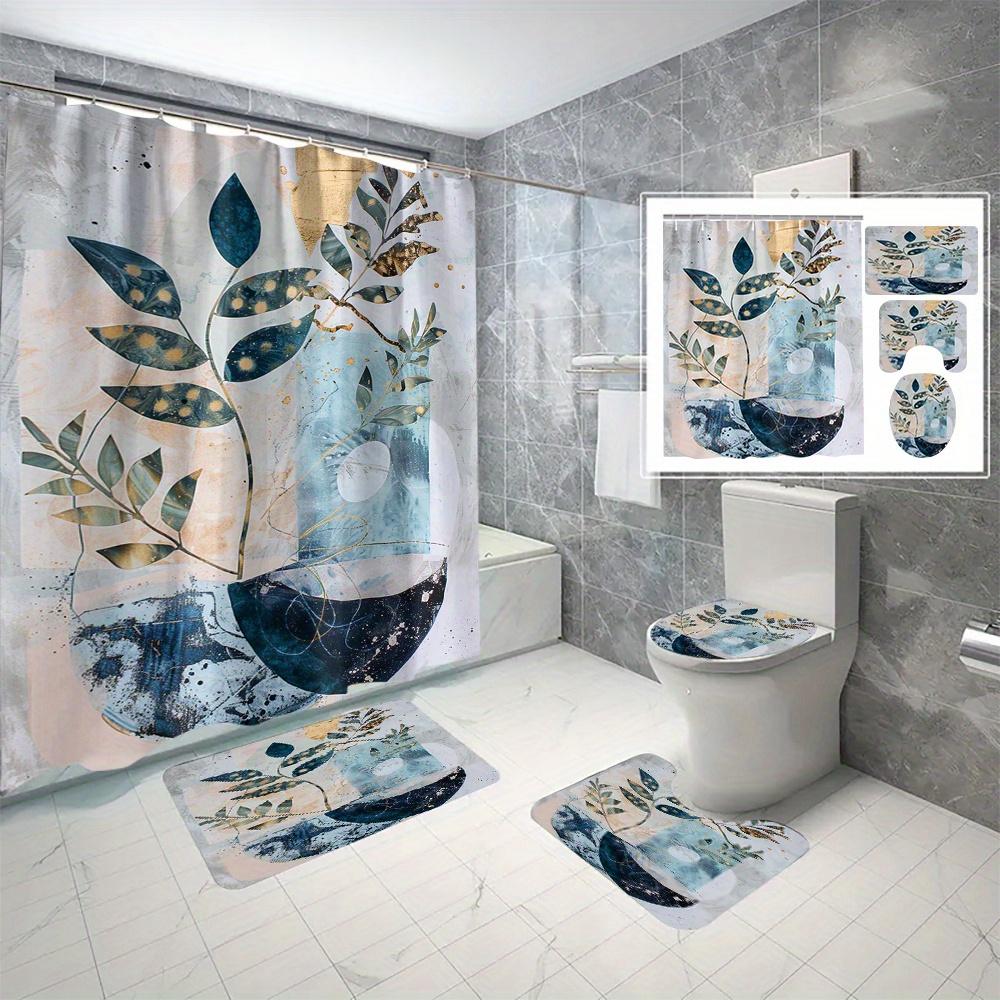 

4 Polyester Shower Curtain, Geometric Leaf Pattern, Machine Washable, Hook Included, Blue And Gold Accents W60H190(CM)-1 Pcs