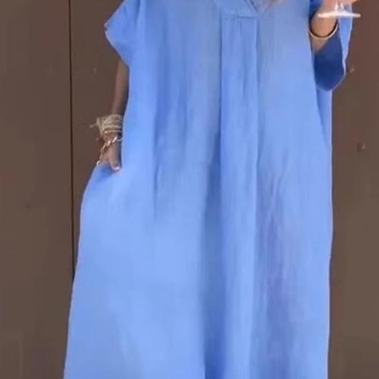 Women's Loose Maxi Dress V-Neck Short Sleeve Long Dress Summer Casual A-Line Beach Sundress