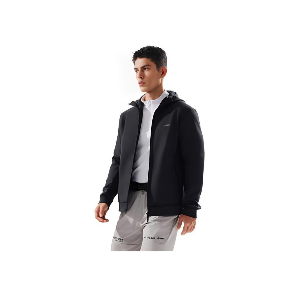 Li Ning Gestricktes einfarbiges Kapuzen-Fleece Warmes Sweatshirt mit Reißverschluss für Herren Sweatshirt Schwarz AWDU577-1