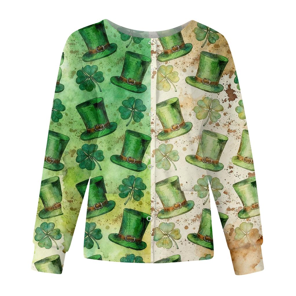Women's Casual Fashion Long Sleeve Standing Collar Single Breasted St. Patrick's Day Print Workwear Jacket Tops