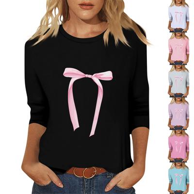 Ladies' Fashionable And Casual Seven Quarter Sleeve Bow Printed Pullover Top