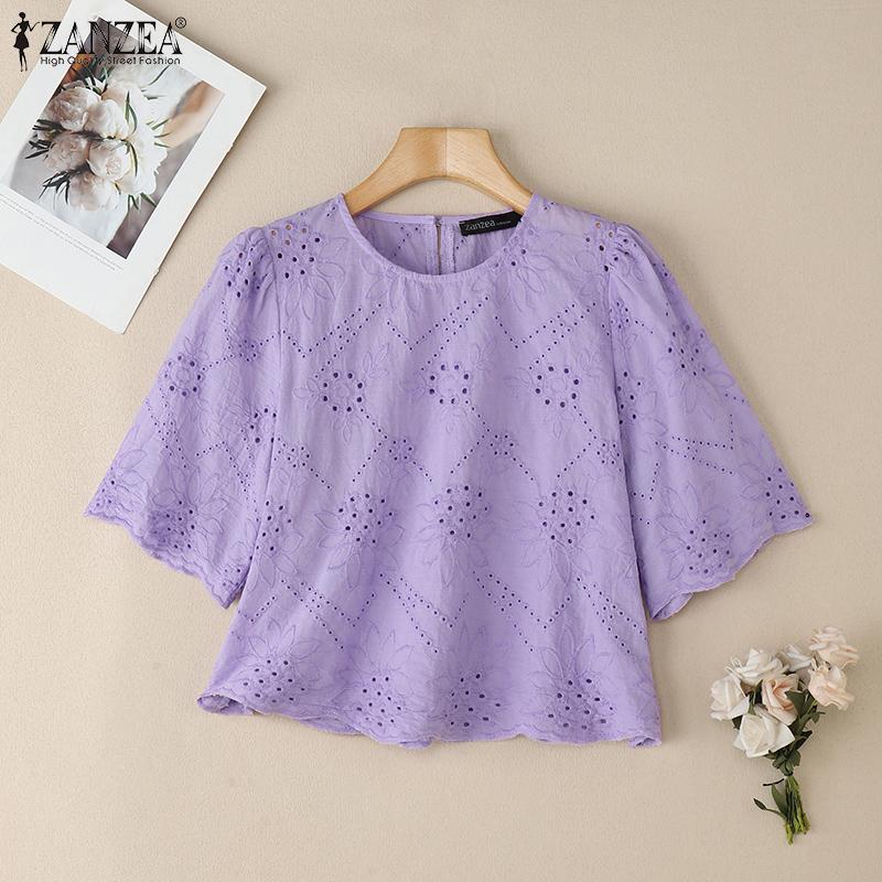 ZANZEA Dámská ležérní kulatý výstřih s krátkým rukávem a krajkovou výšivkou, letní halenka