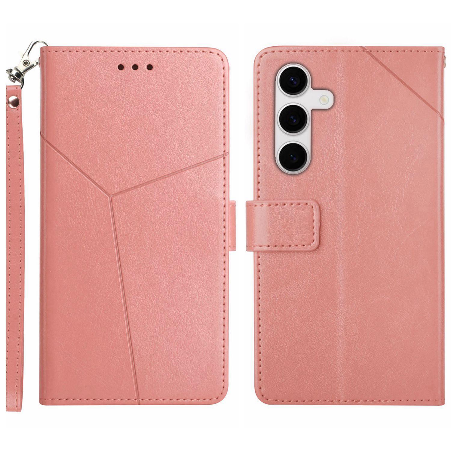 

For Samsung Galaxy S25 FE Case Y Shaped Lines Imprint Leather Phone Cover Pink