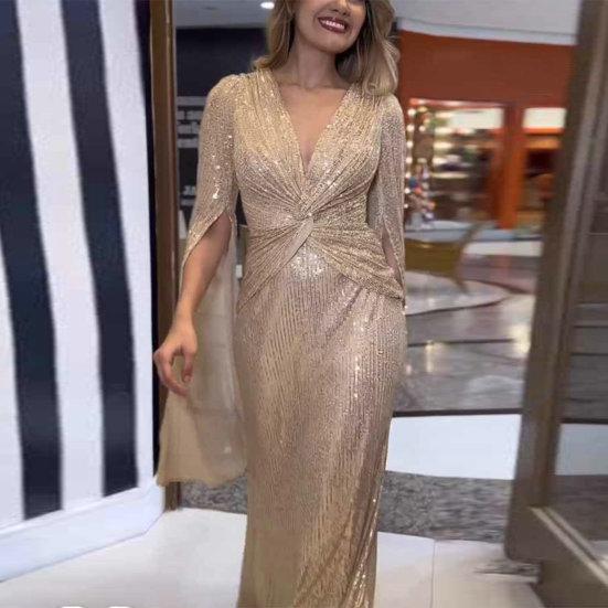 Abito da sera da donna Maniche divise Profondo scollo a V Paillettes lucide Vestibilità attillata Vita stretta Nodo Pieghettato Lunghezza intera Tinta unita Lady Prom Banchetto Abito lungo
