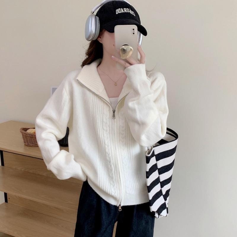 Autumn and winter new simple stand-up collar twist double zipper knitted cardigan women's loose lazy sweater jacket