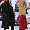 Women's Long Thickened Solid Color Double Breasted Belted Lapel Wool Blend Trench Coat for Autumn Winter