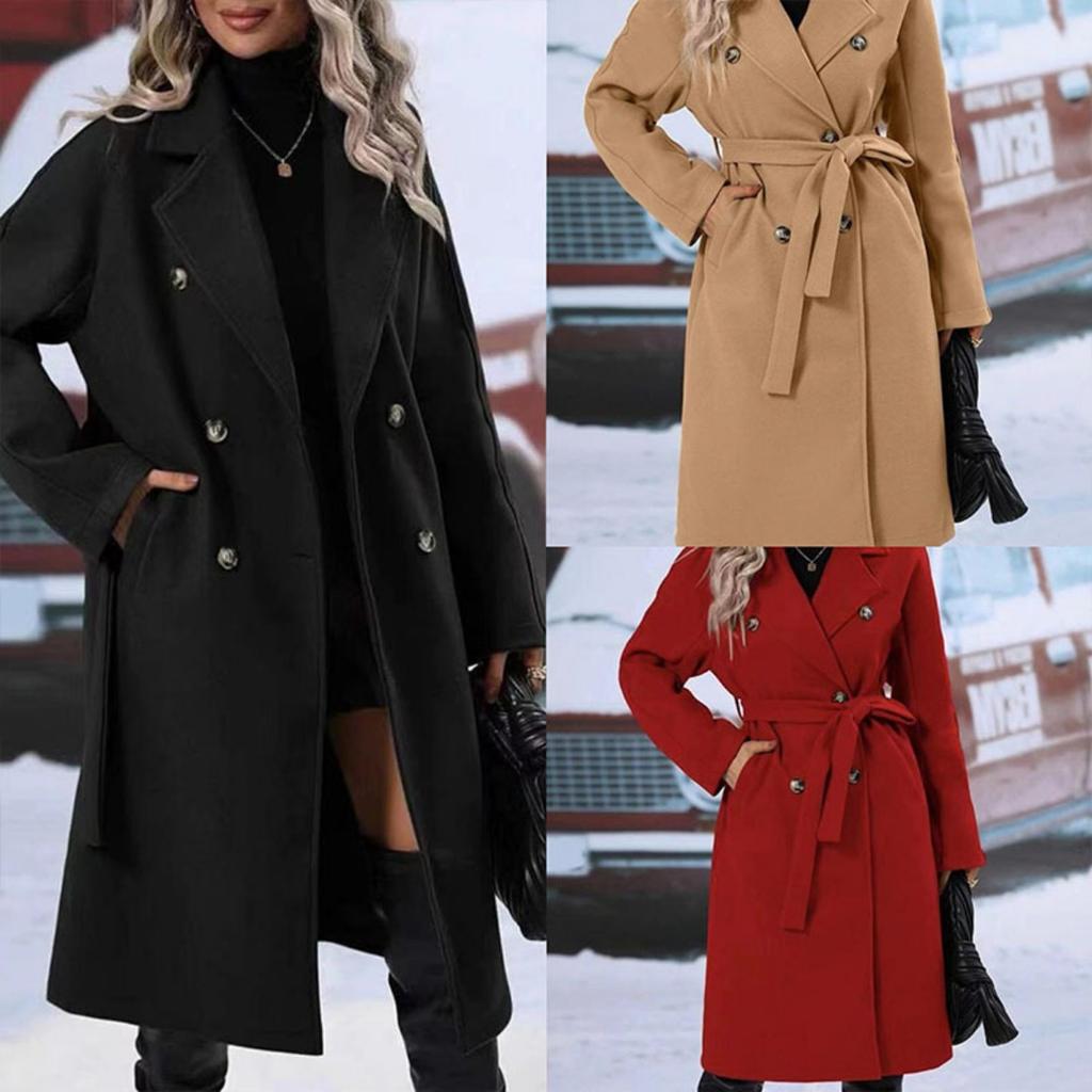 Women's Long Thickened Solid Color Double Breasted Belted Lapel Wool Blend Trench Coat for Autumn Winter