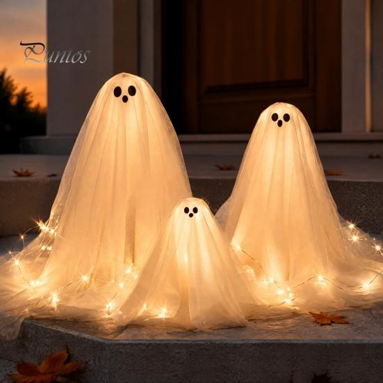 Outdoor Halloween Decorations 3Pcs Lighted Ghost Table Decor, LED Lamp, White Luminous Adjustable Height Decor Centerpiece, Spooky Tabletop