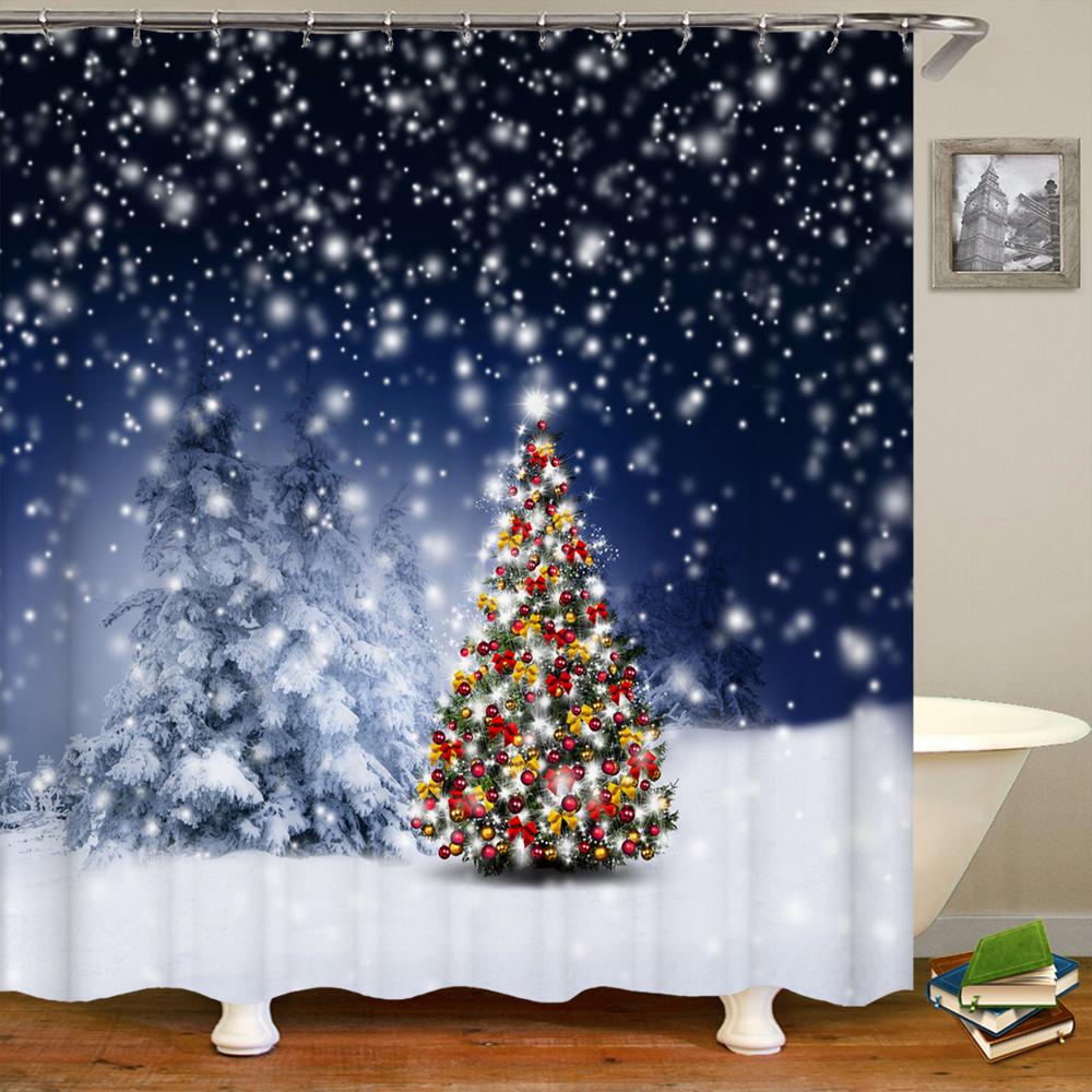 Frohe Weihnachten Duschvorhänge 3D Badvorhänge Schneemann Weihnachtsmann Baum Hirsch Dekorativer Polyesterstoff 180*240Cm Sichtschutz