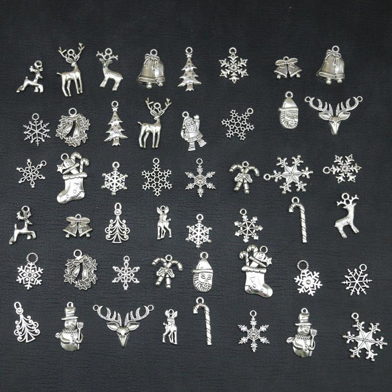 (50 Pcs/pack) Mixed Silver Alloy Pendant Christmas Snowflake Elk Decoration Handmade Gift Label Pendant Jewelry Making DIY