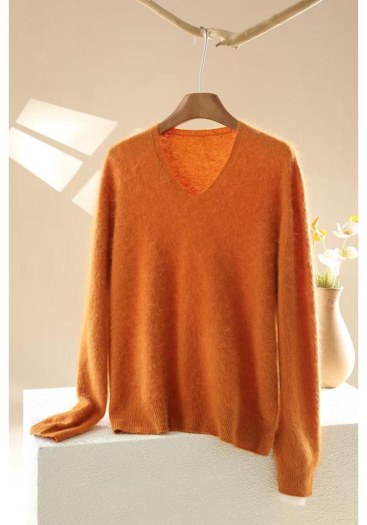 Women's V-Neck Loose Fit Brushed Cashmere Sweater - Autumn/Winter Collection, Seamless Solid Color, Soft and Skin-friendly.